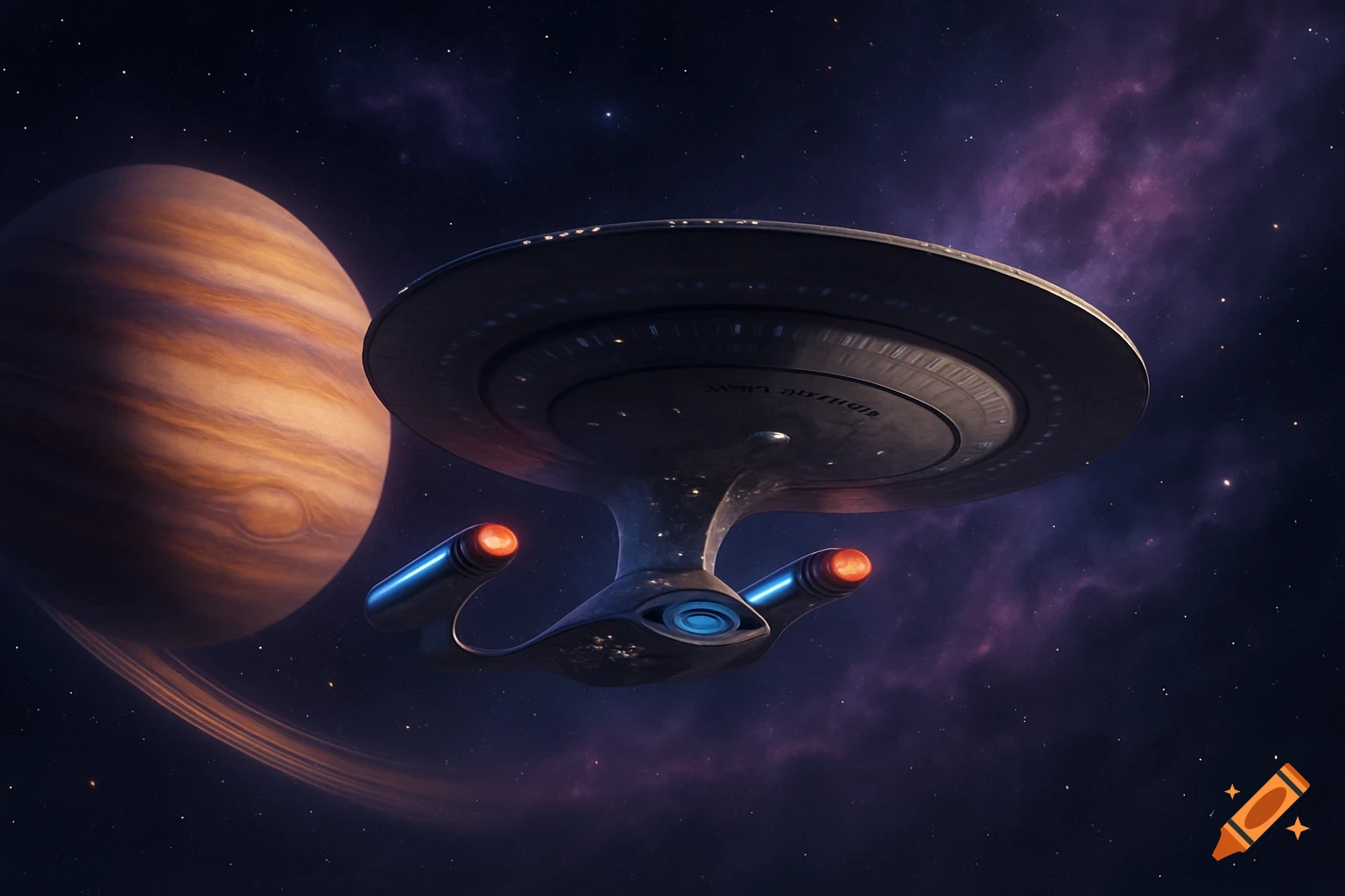 A Starship Enterprise-like vessel orbits a striped gas giant planet in a star-filled purple and blue nebula.