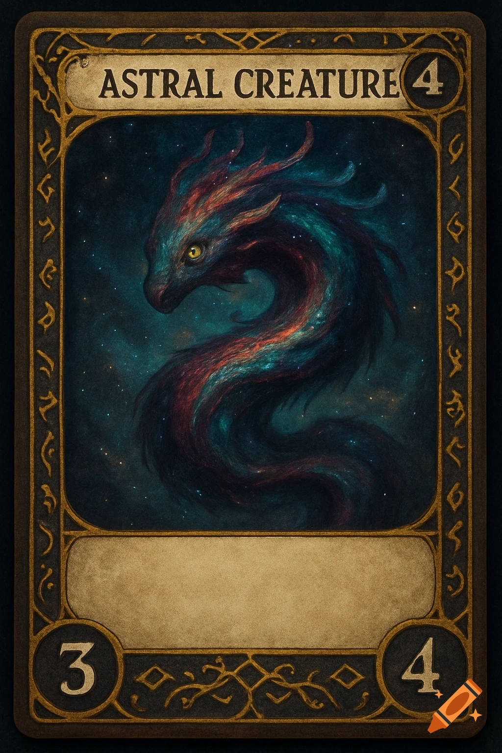 A fantasy trading card with a glowing, serpentine astral creature against a starry cosmic background, titled 'ASTRAL CREATURE'.