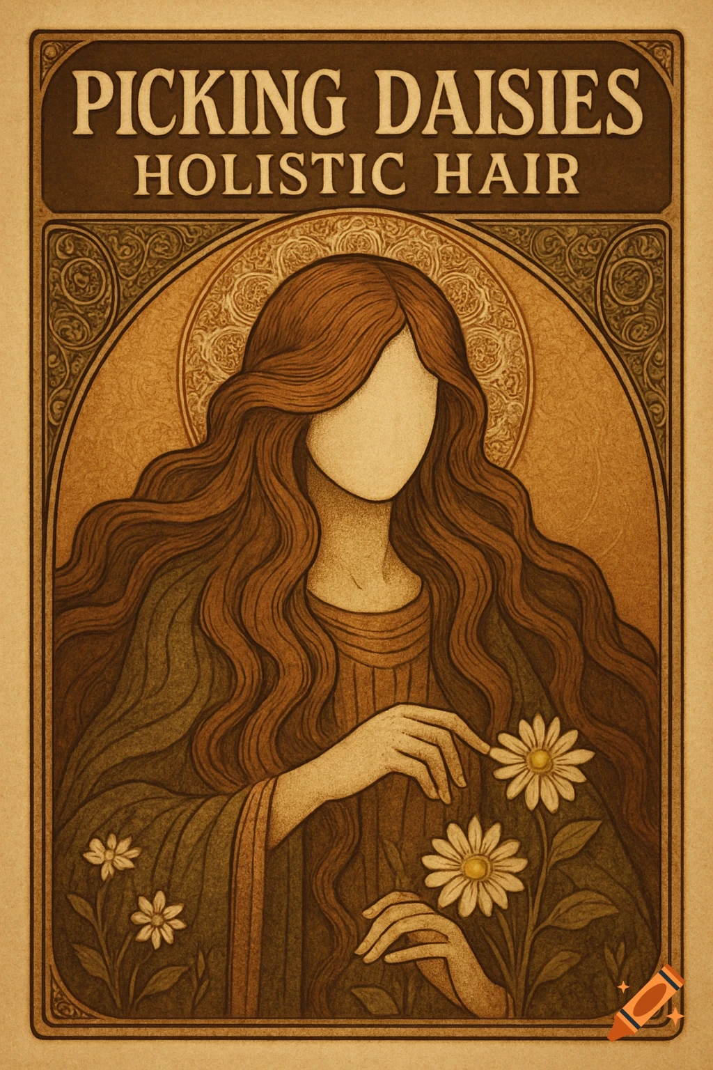 An Art Nouveau style poster of a woman with flowing brown hair, hands touching white daisies. Text reads 'Picking Daisies Holistic Hair'.