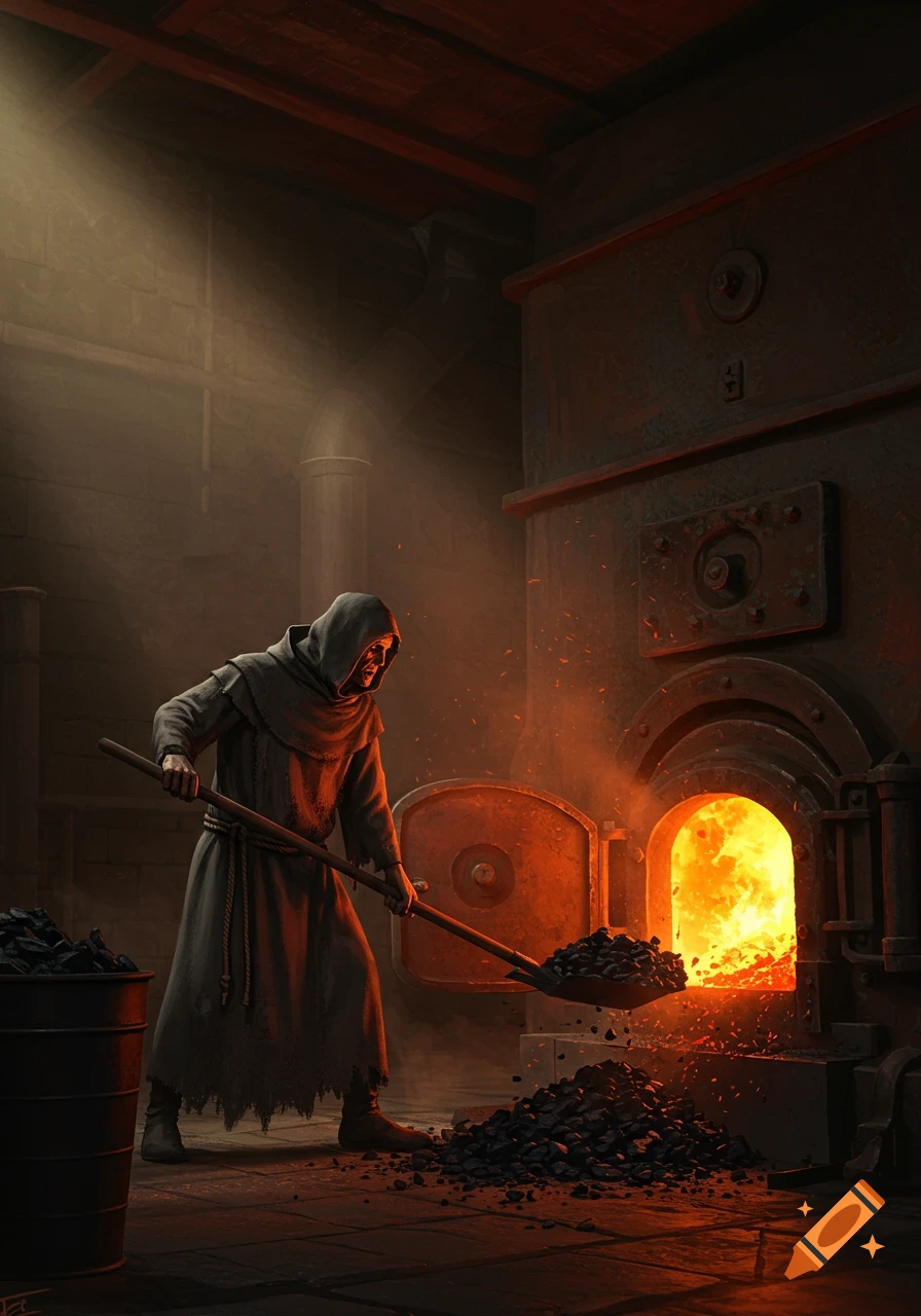 A hooded man in a dark robe shovels coal into a fiery cast iron furnace in a dark, atmospheric room.