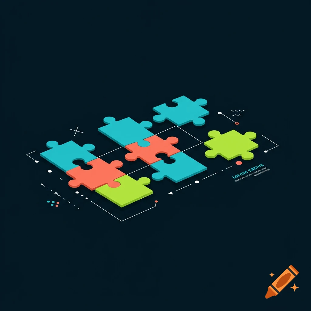 Abstract isometric illustration of colorful puzzle pieces on a dark background, surrounded by geometric lines and dots.