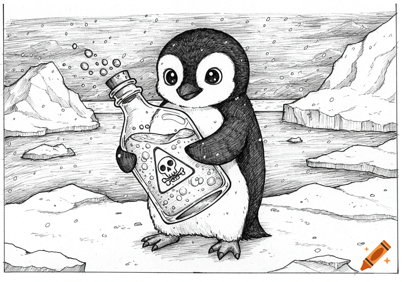 A cute pen drawing of a baby penguin holding a bottle with a skull and crossbones symbol in a snowy landscape.