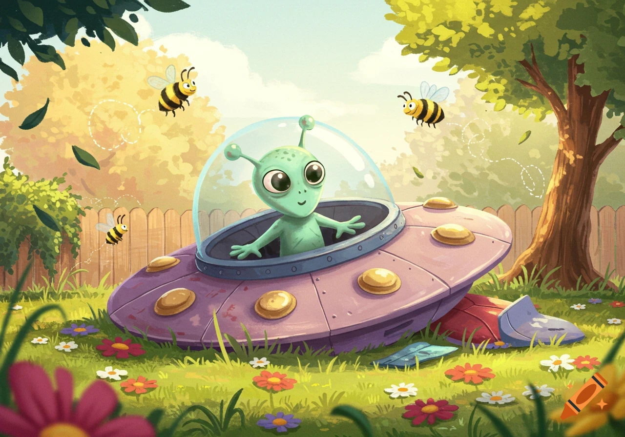A cute green alien in a crashed purple UFO in a vibrant cartoon garden with flowers and flying bees.