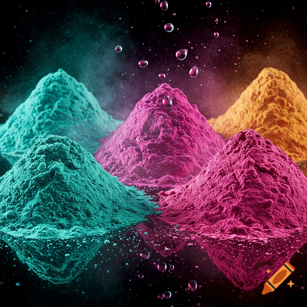 Several mounds of vibrant teal, magenta, and orange powder on a reflective black surface with floating droplets.
