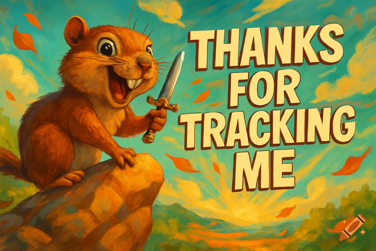 A smiling, cartoonish chipmunk with a sword sits on a rock, with the text "THANKS FOR TRACKING ME" beside it.