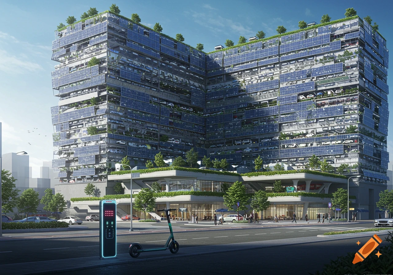 A modern multi-story parking garage building with solar panels and green spaces integrated into its facade. A city street, e-scooter, and charging station are in the foreground.