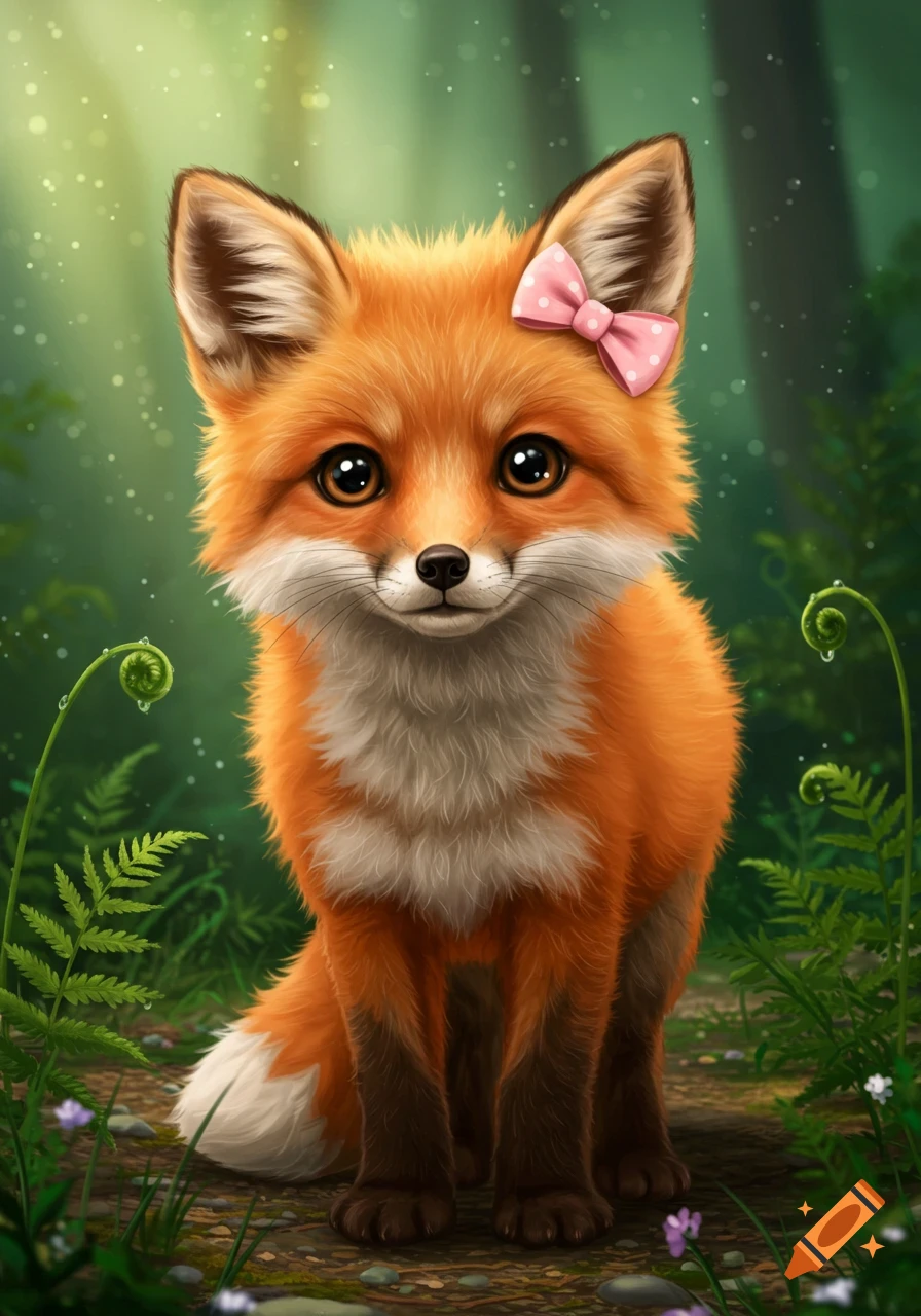 A cute red fox with big eyes and a pink polka dot bow on its ear, sitting in a magical forest with glowing particles.