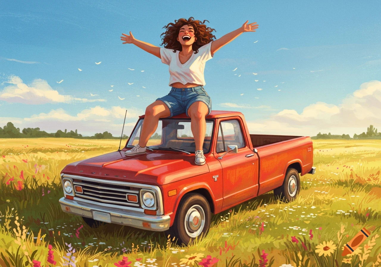 A joyful woman with curly hair sits on the hood of a red pickup truck, arms outstretched, in a sunny field with wildflowers. Illustrated style.