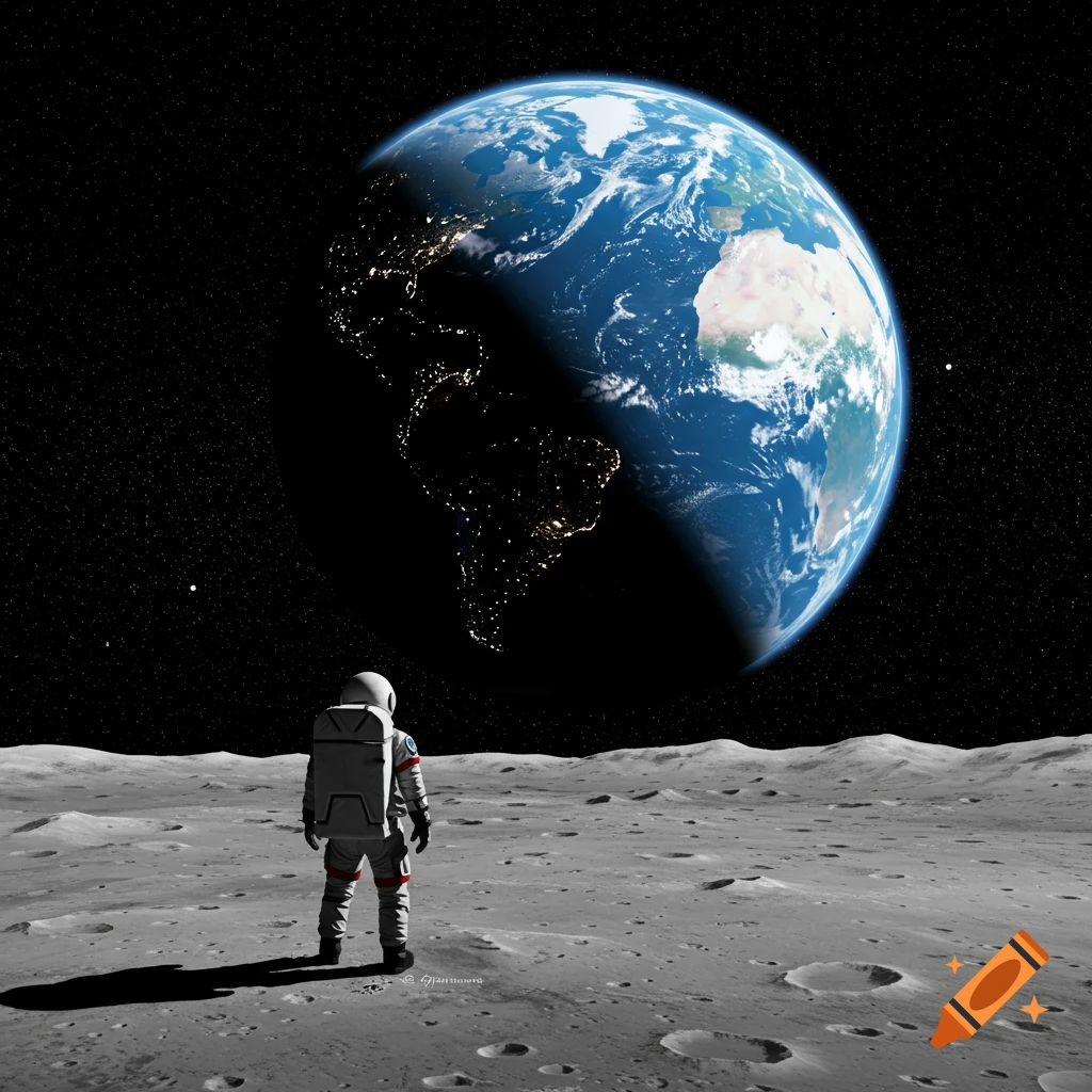 An astronaut stands on the moon, gazing at a large, vibrant Earth in the dark expanse of space.