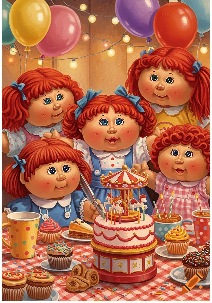 Cabbage Patch Kids dolls with red hair and blue bows celebrating a birthday party with cake, cupcakes, and balloons.