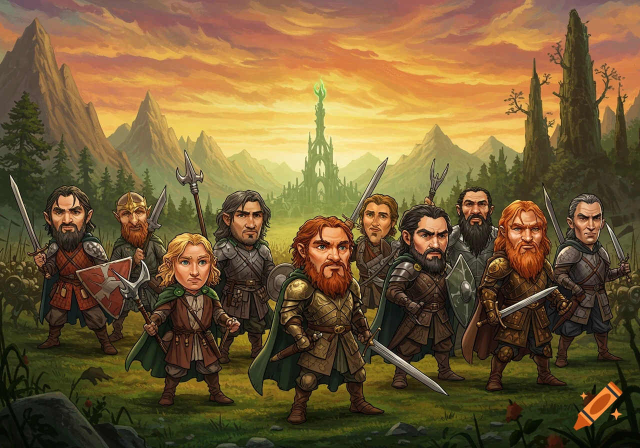 A colorful, cartoonish digital painting of 11 fantasy heroes with weapons and armor in a field before mountains and a dark tower under an orange sunset.