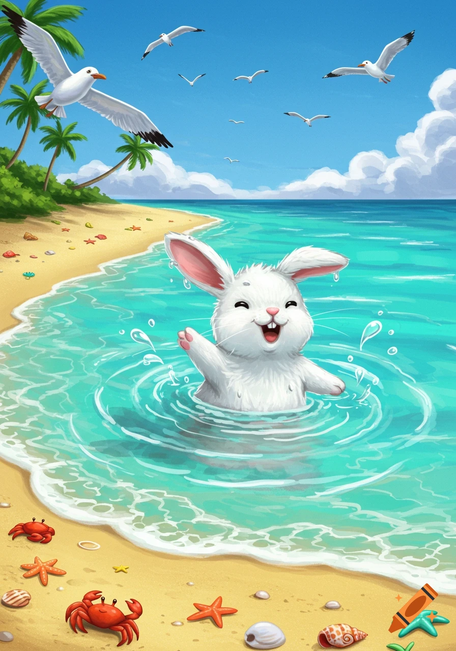 A happy cartoon white bunny swims in turquoise ocean water at a tropical beach with palm trees and seagulls.