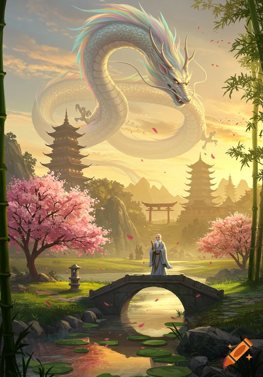 A majestic white dragon soars above an ancient Asian landscape