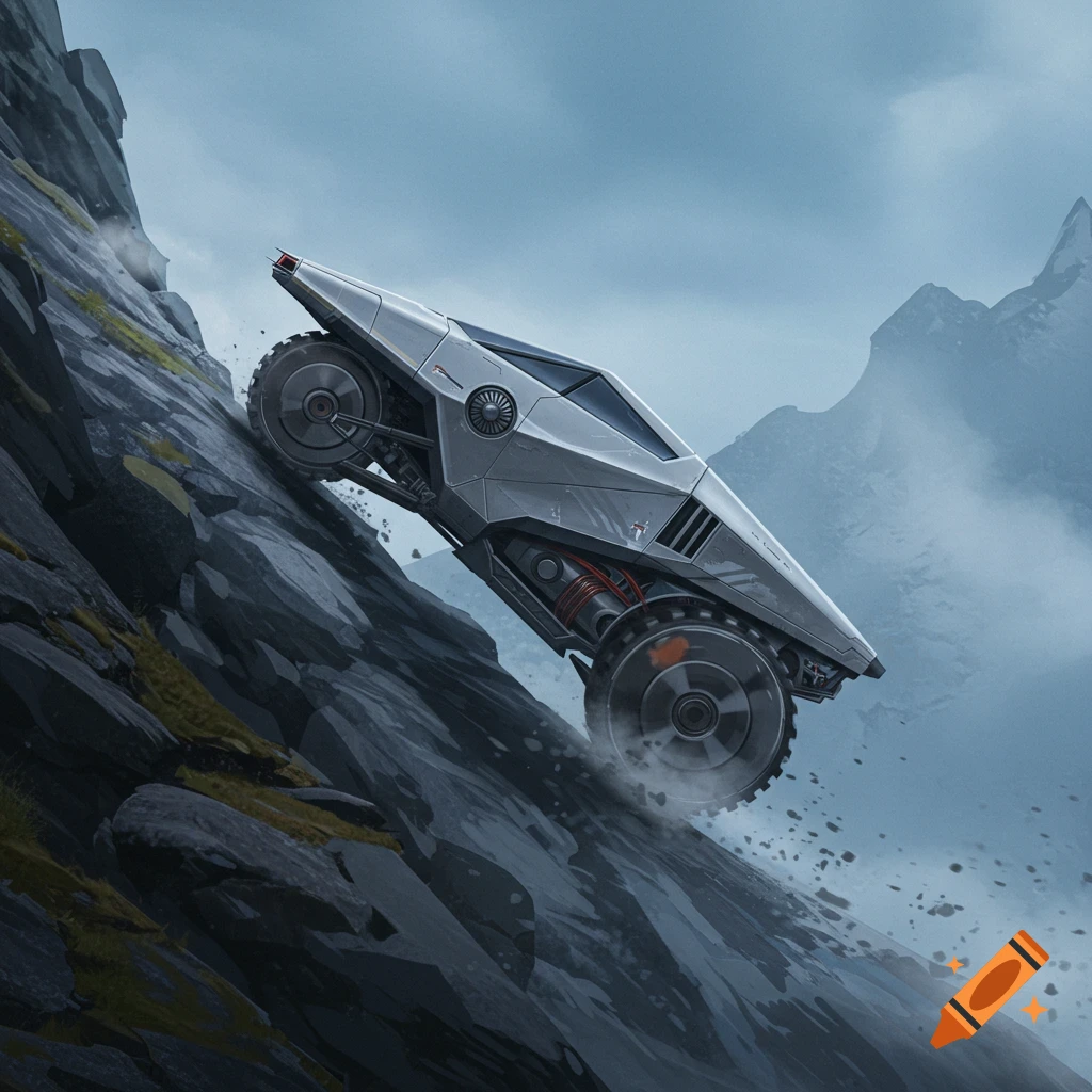 A sleek, gray futuristic off-road vehicle with large wheels climbs a steep, rocky mountain under a cloudy sky.