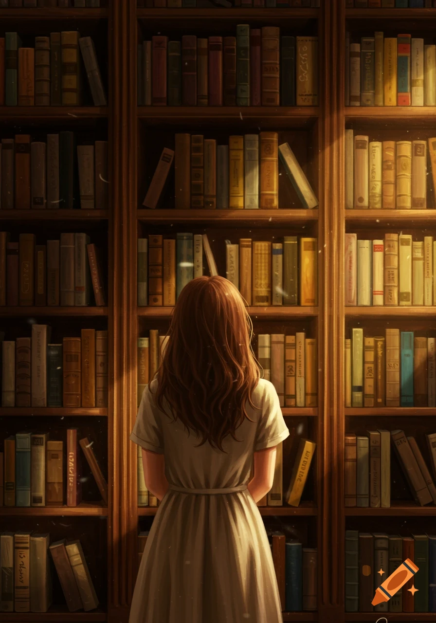 A drawing of a girl from behind, standing in front of a tall, warmly lit wooden bookshelf, choosing a book.