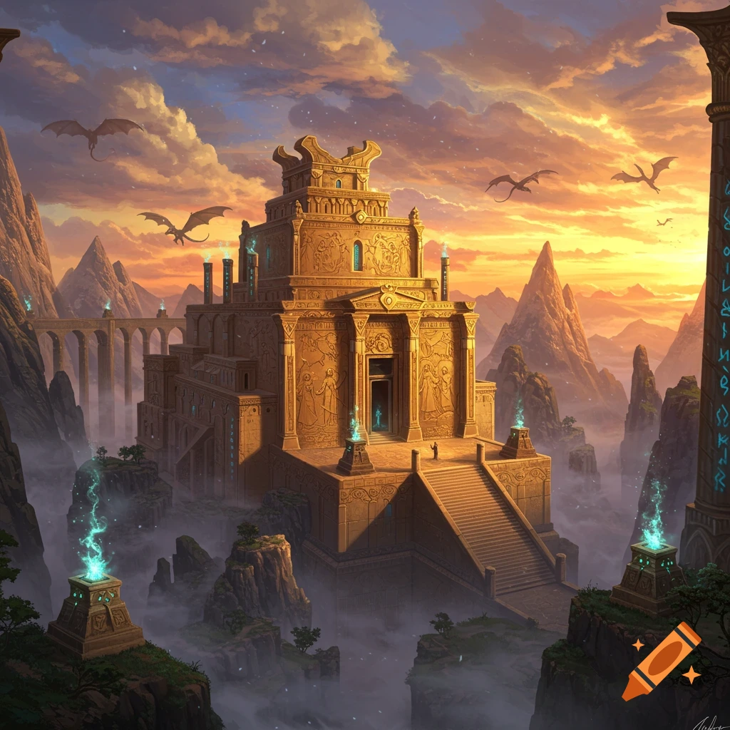 A grand golden fantasy temple with intricate carvings sits atop a misty mountain, with dragons flying under a vibrant sunset sky.