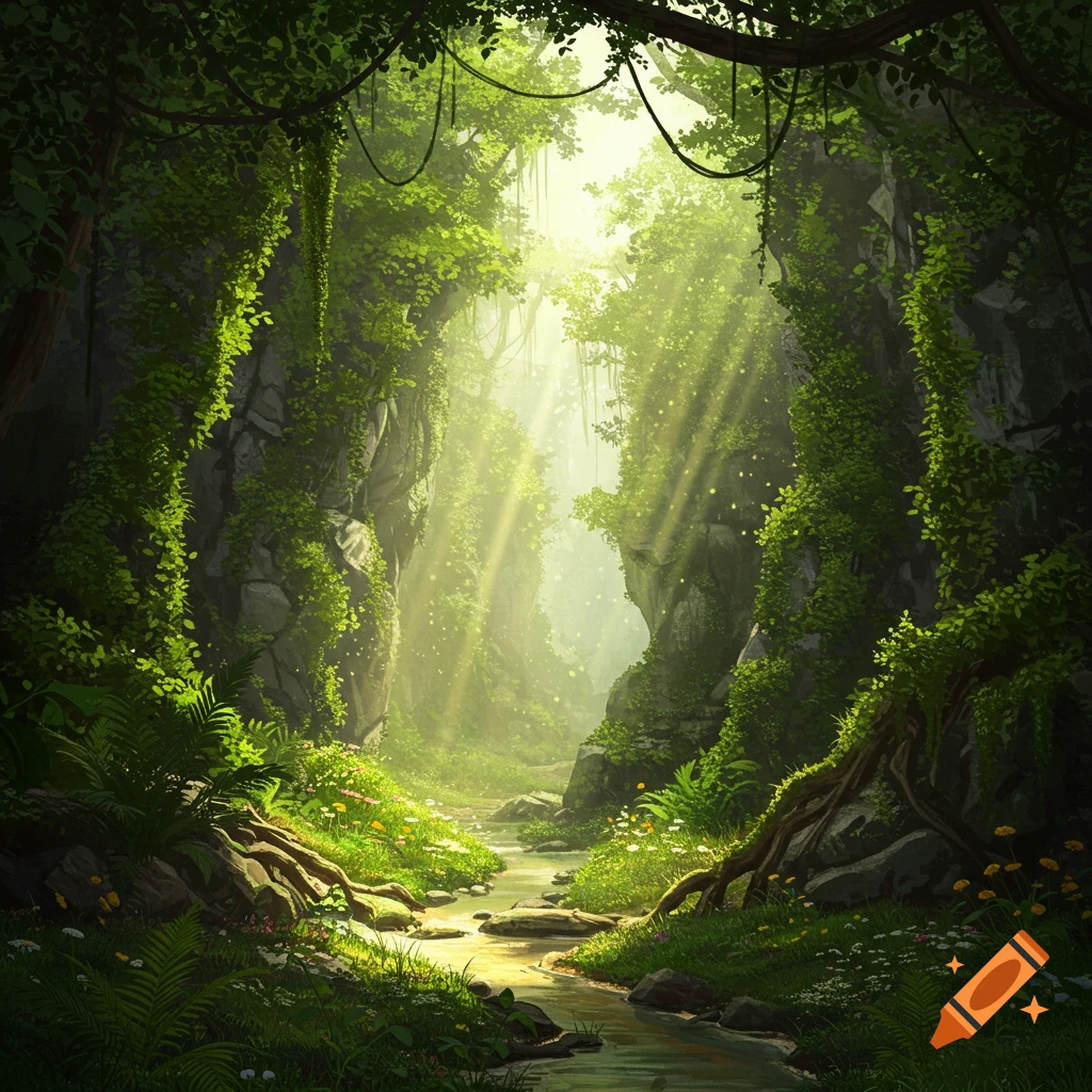 Lush, sun-dappled jungle ravine with a winding stream and light rays filtering through dense foliage.