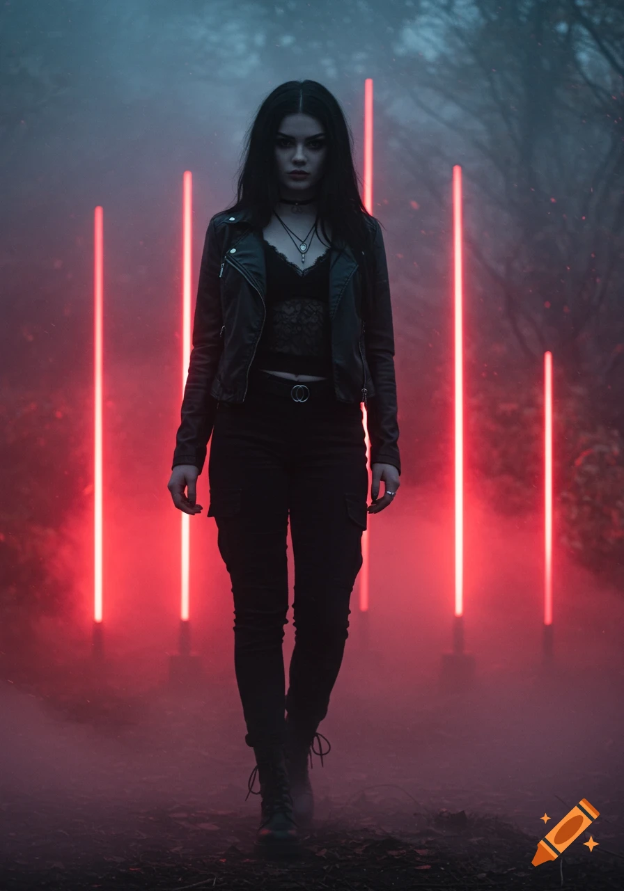 A realistic portrait of a young woman in a black leather jacket and lace top, standing in a misty, dark fantasy environment with glowing red vertical lights.
