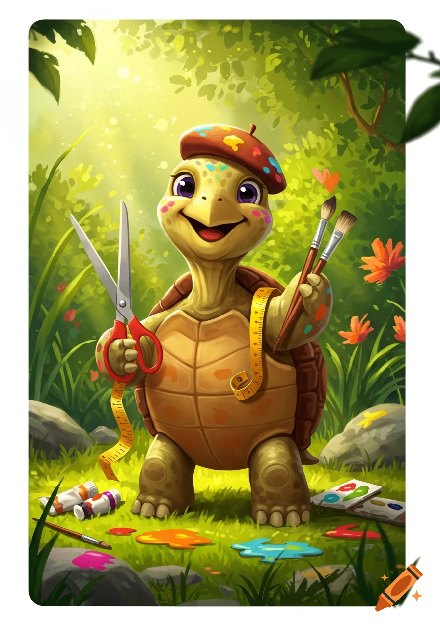 A cute, smiling cartoon turtle artist wearing a beret, holding scissors and paintbrushes in a sunlit forest, with art supplies on the grass.