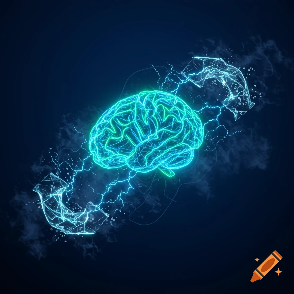 A glowing neon teal brain surrounded by blue electricity and abstract data shapes against a dark blue background.