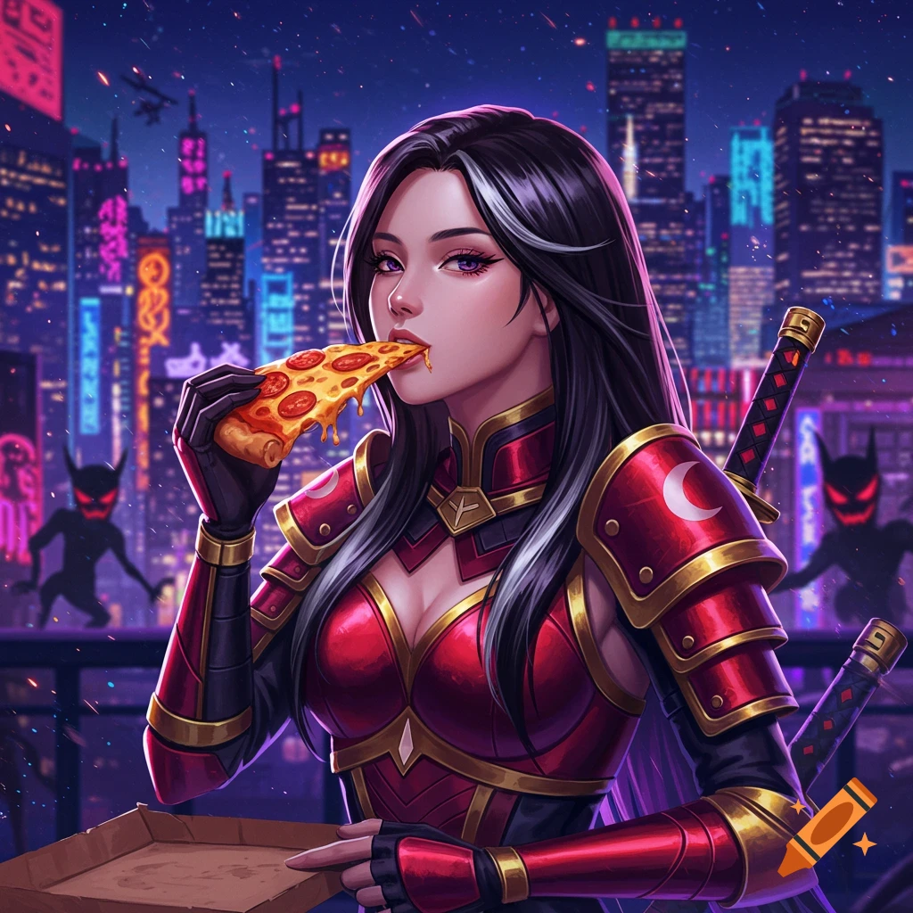 A Kpop demon hunter woman in red armor eats pizza on a futuristic neon city rooftop at night, anime style.