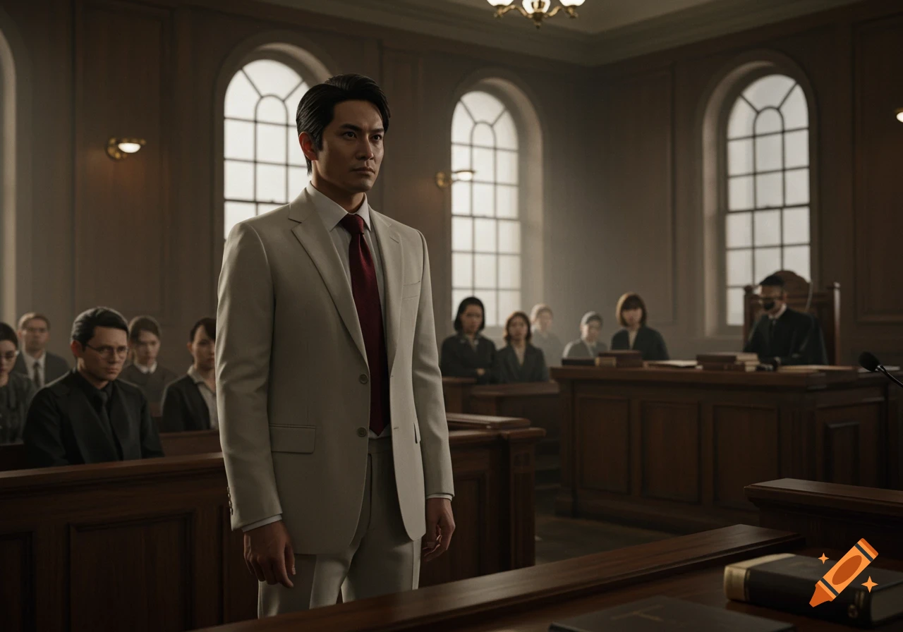A man in a light suit and red tie stands solemnly in a realistic courtroom.