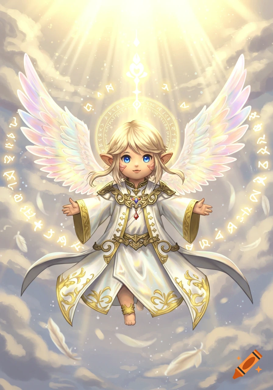 A cute, blonde, blue-eyed angelic Lalafell character with iridescent wings, white and gold robe, floating in clouds with glowing runes.