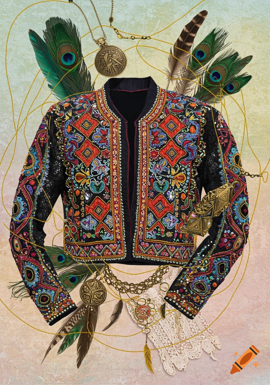 A richly embroidered black jacket with colorful patterns, peacock feathers, ornate gold chains, and pendants on a textured background.