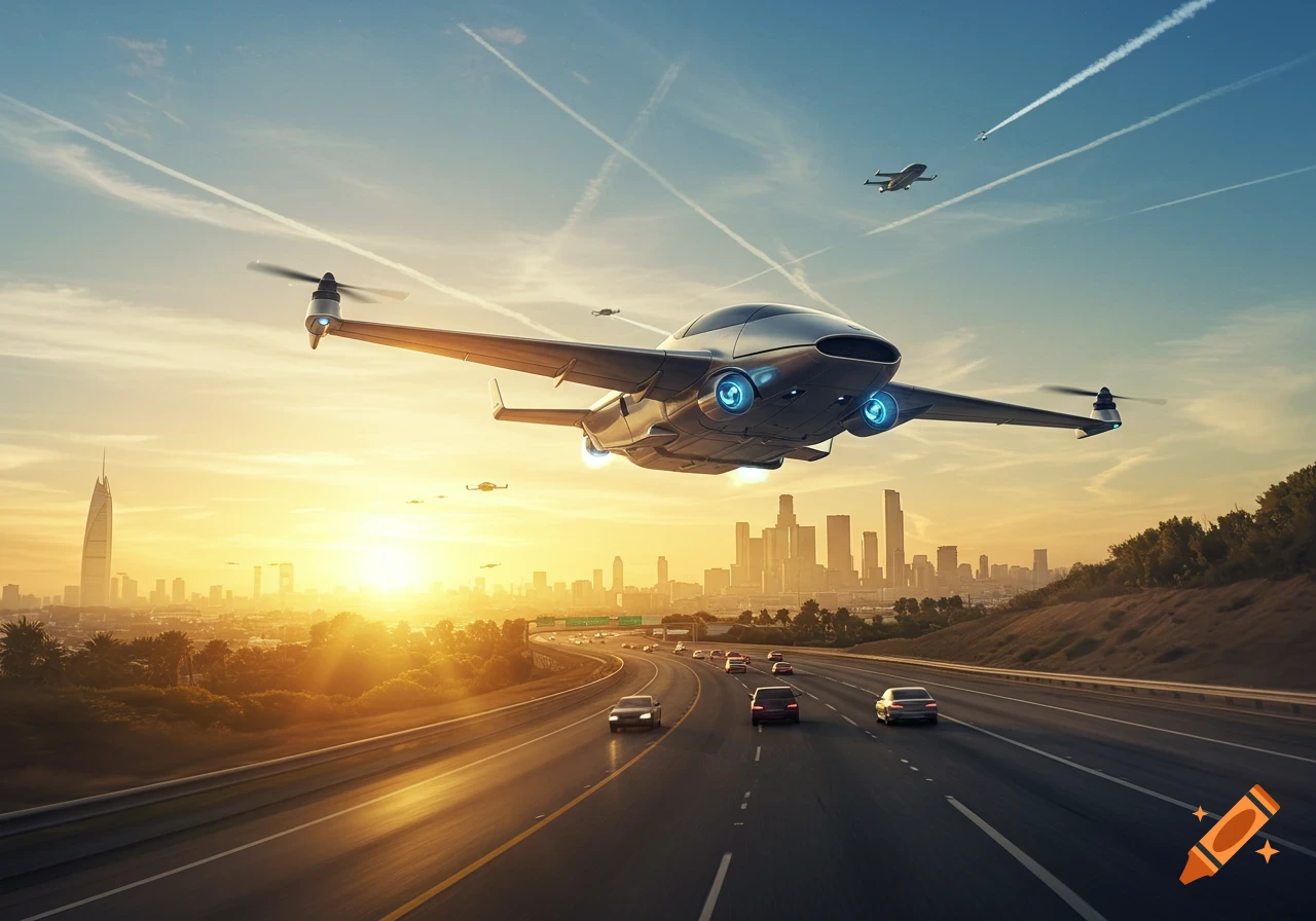 A silver futuristic flying car with blue lights hovers above a highway with cars, overlooking a city skyline at sunset.