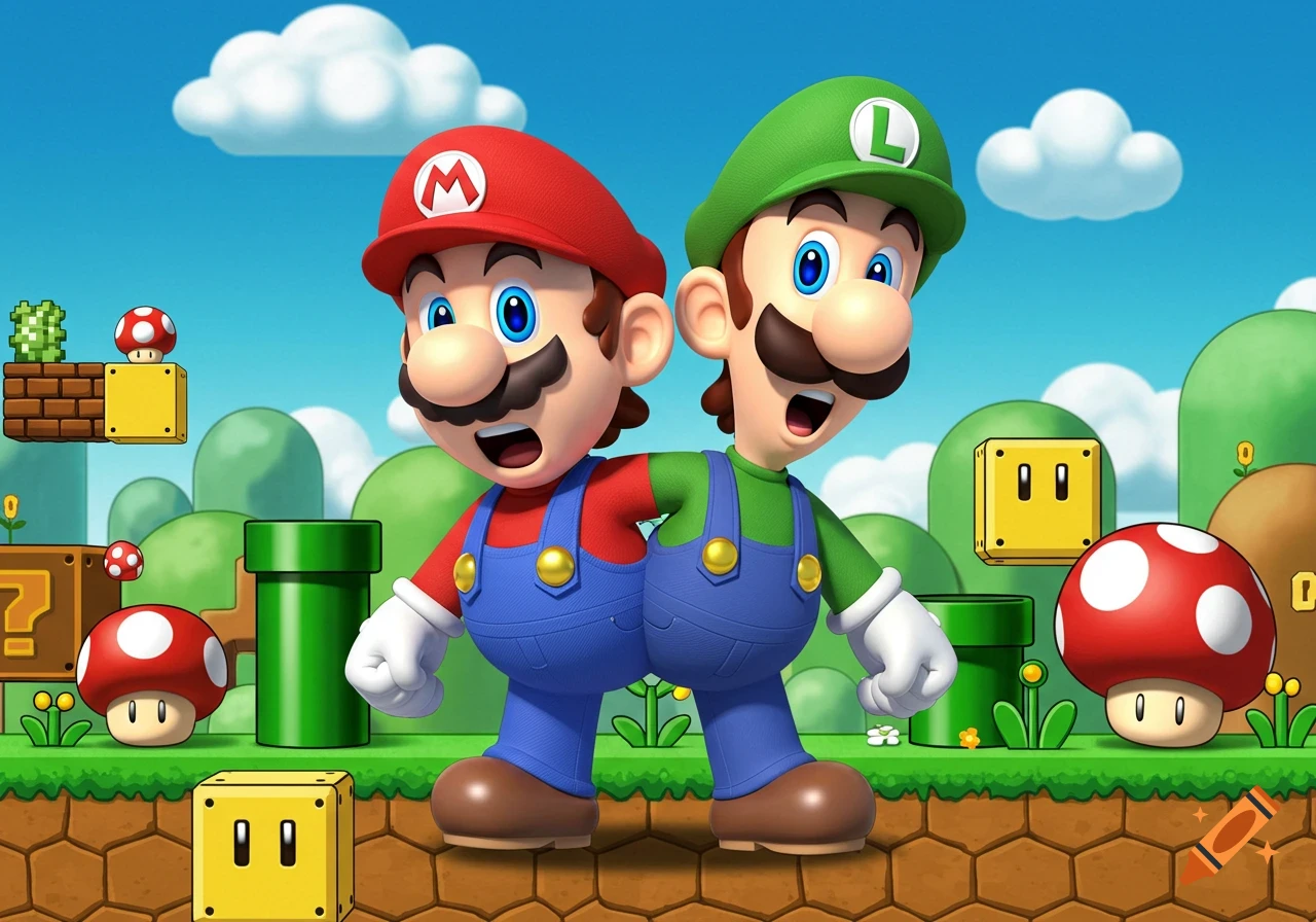Conjoined Mario and Luigi stand back-to-back in a classic Super Mario Bros. video game landscape with blocks and mushrooms.