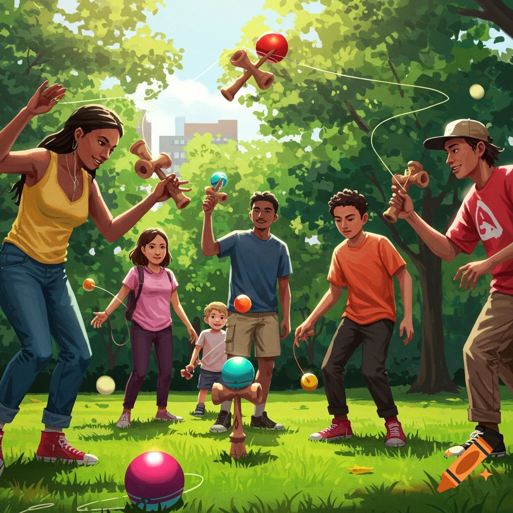 An illustration of a diverse group of people of various ages playing with colorful kendamas in a sunny park setting.