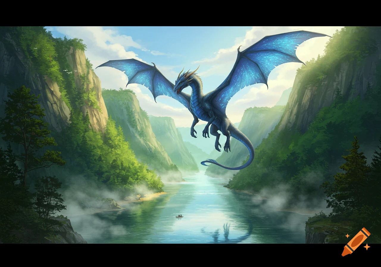A large blue dragon with glowing wings flies over a misty river winding through a lush green valley with towering cliffs.