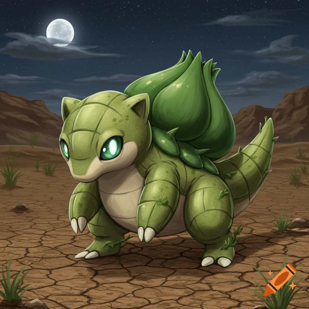 A green, armored Bulbasaur-Sandshrew fusion with glowing eyes stands in a cracked desert under a full moon at night, digital art.