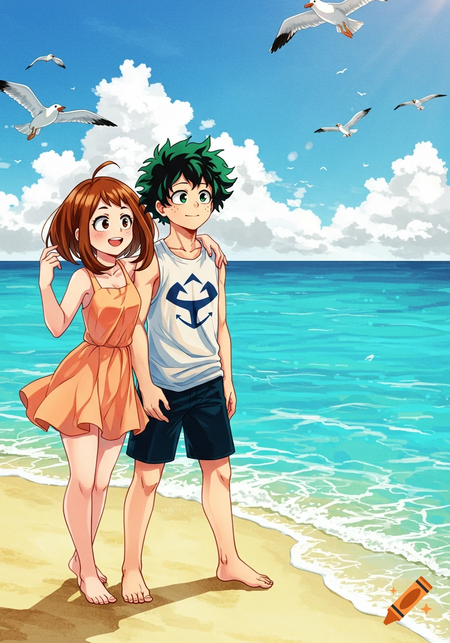 Anime characters Izuku Midoriya and Ochaco Uraraka walk barefoot on a sunny beach, seagulls flying above the blue ocean.