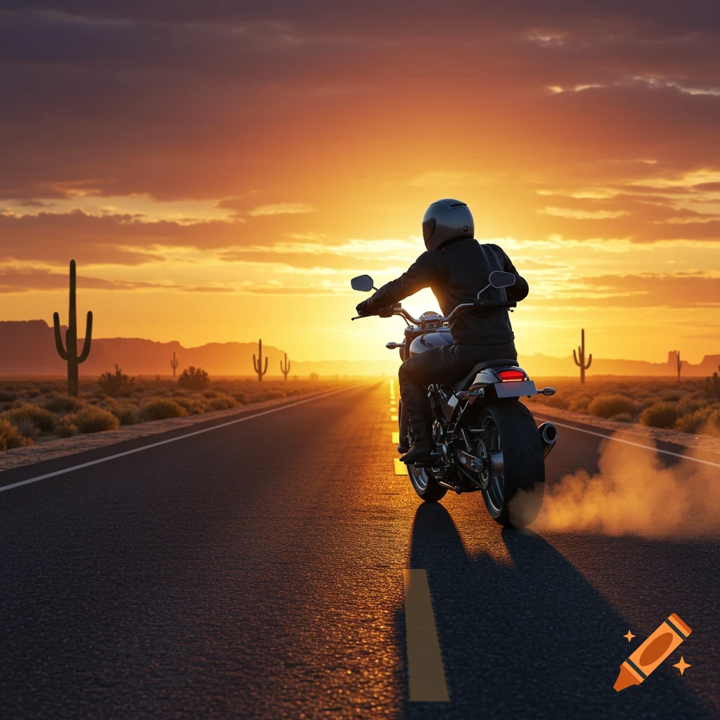 A motorcyclist rides down a desert highway at sunset, kicking up dust.