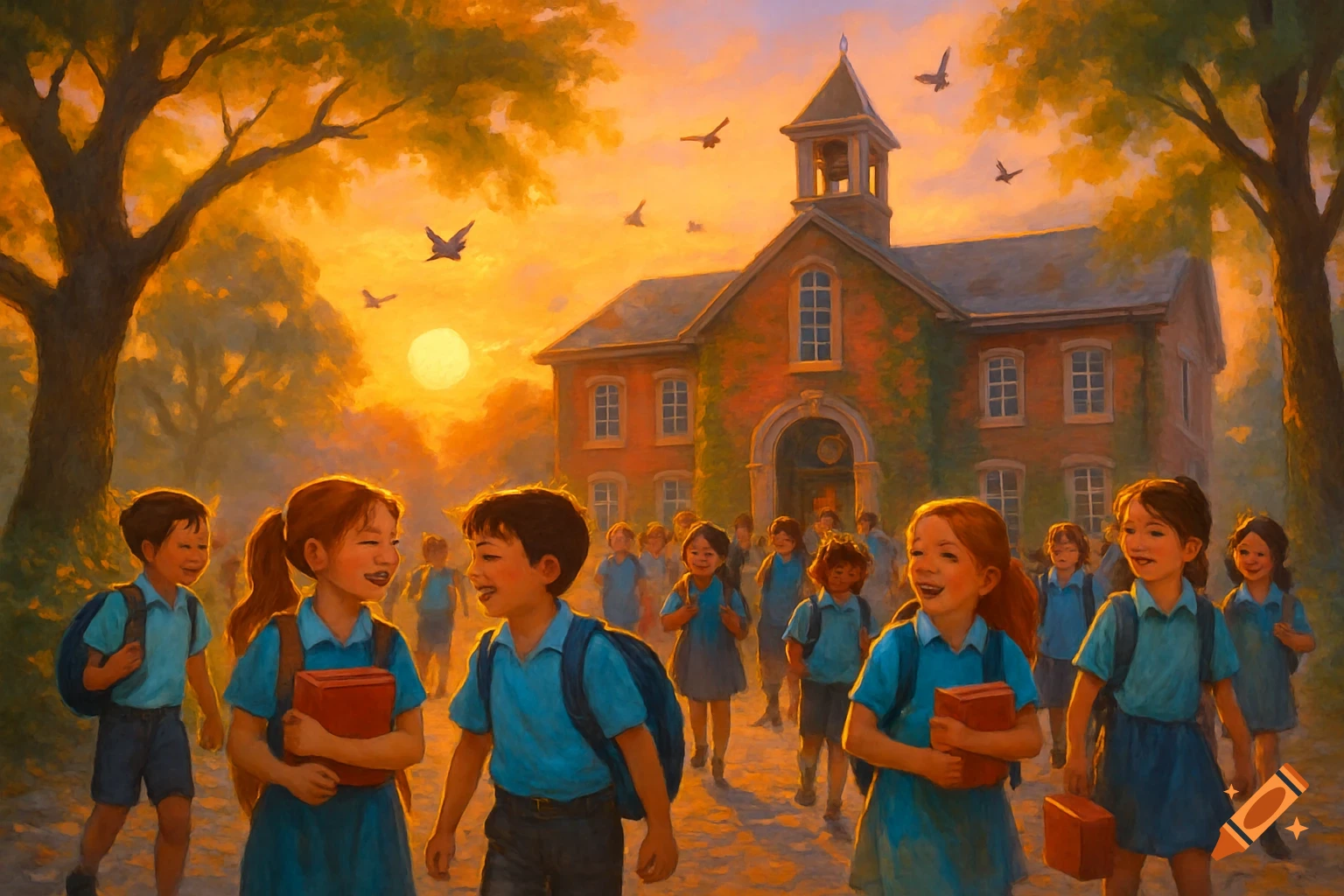 A painterly image of smiling children with backpacks walking towards a school building at sunset.