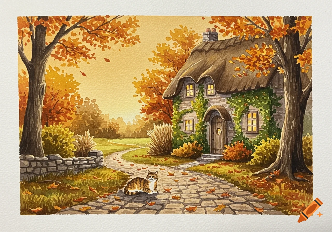 A watercolor painting of a tabby cat sitting on a stone path in front of an ivy-covered cottage in autumn.