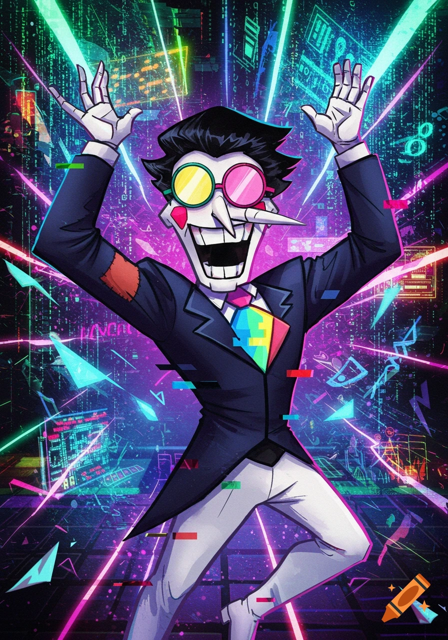 Spamton G Spamton with arms raised in an enthusiastic pose, against a vibrant neon, glitchy digital background.