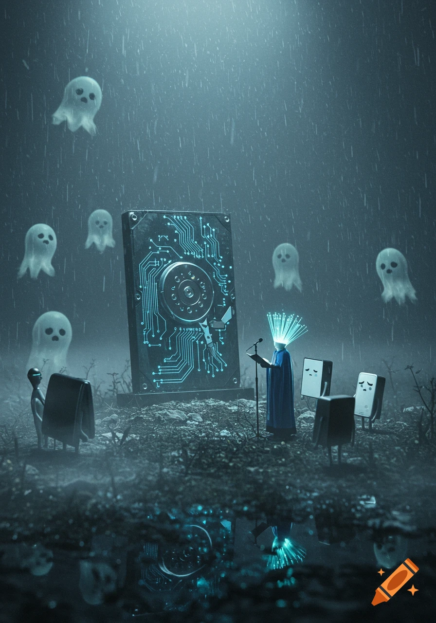 A surreal, rainy funeral scene with floating ghosts and computer-like figures mourning a hard drive tombstone.