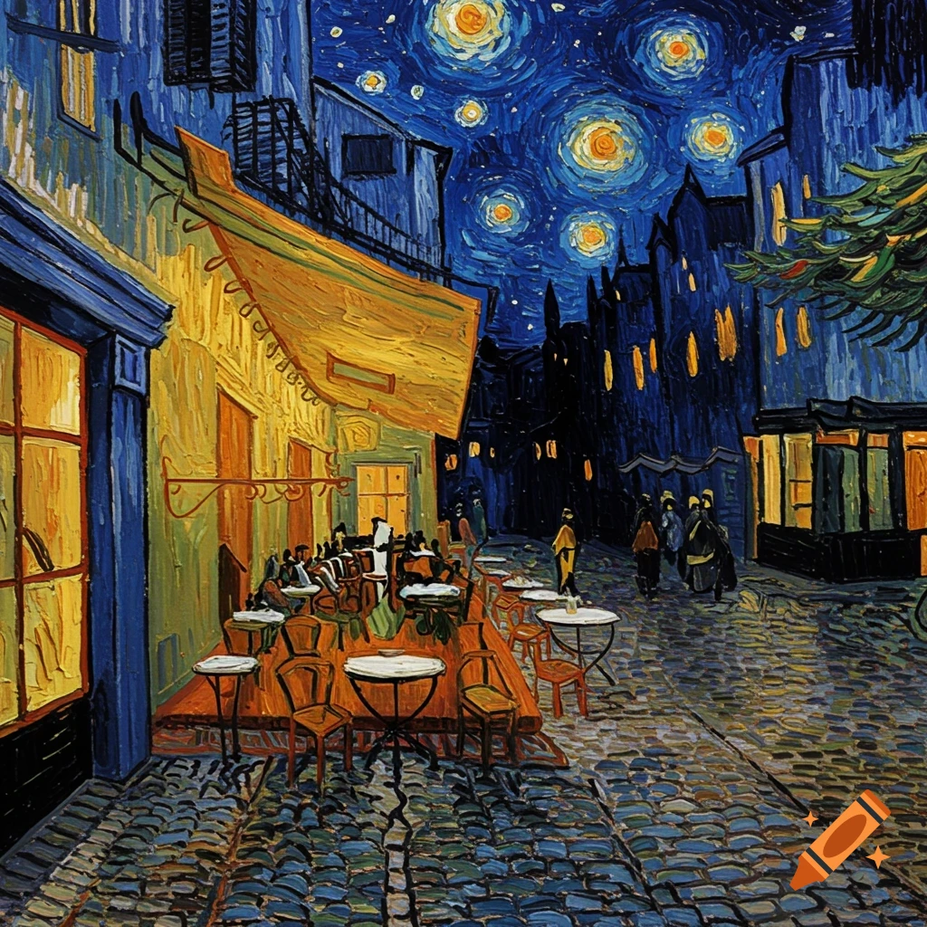 A vibrant painting in Van Gogh's style depicts a lively night cafe terrace under a swirling, star-filled blue sky.
