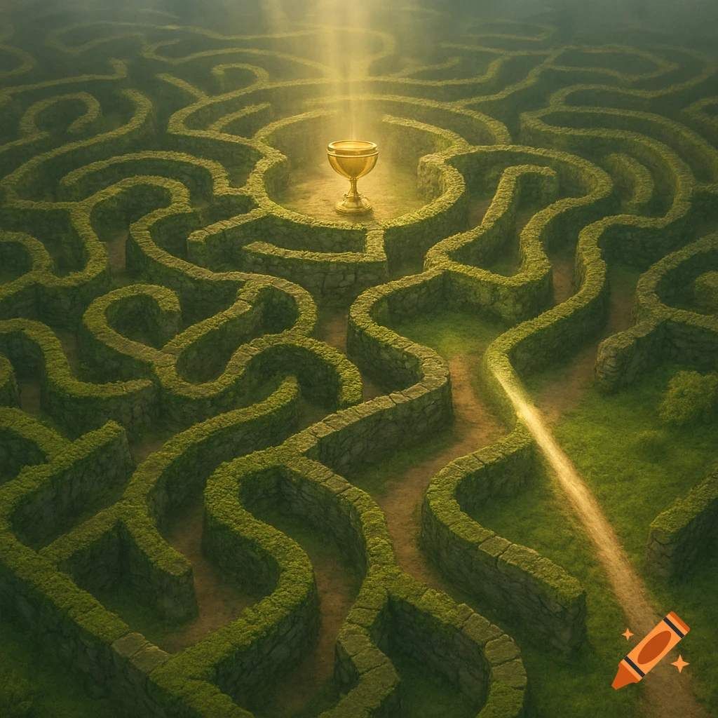 An aerial view of a lush green hedge maze with a glowing golden goblet at its center, illuminated by a ray of light.