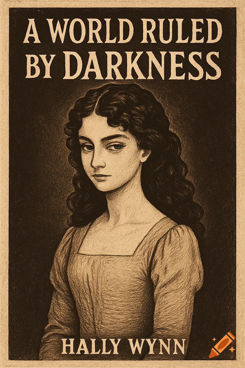 A sepia-toned illustration of a solemn young woman with dark curly hair on a book cover titled 'A World Ruled by Darkness' by Hally Wynn.