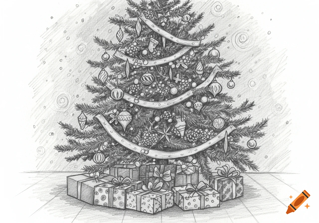 A detailed pencil drawing of a decorated Christmas tree with several wrapped presents underneath.