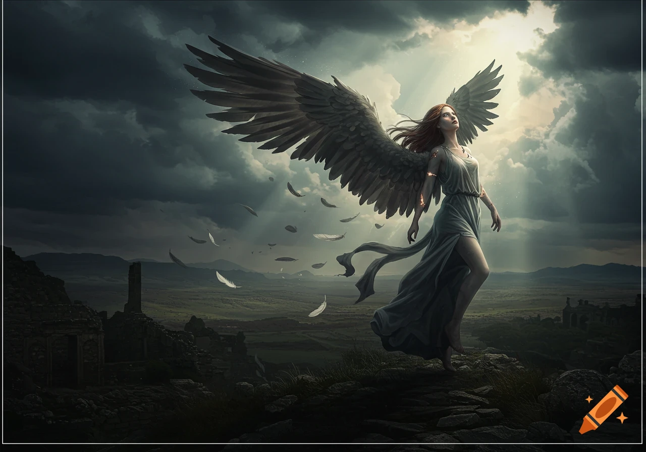 A powerful angel with large dark wings stands on a rocky cliff amidst ruins, looking up at a ray of light breaking through stormy clouds, as feathers fall.