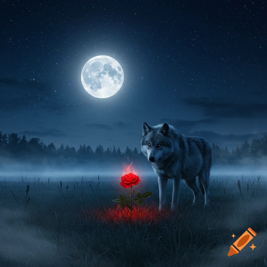 A wolf stands in a misty field at night under a full moon, looking at a glowing red rose.