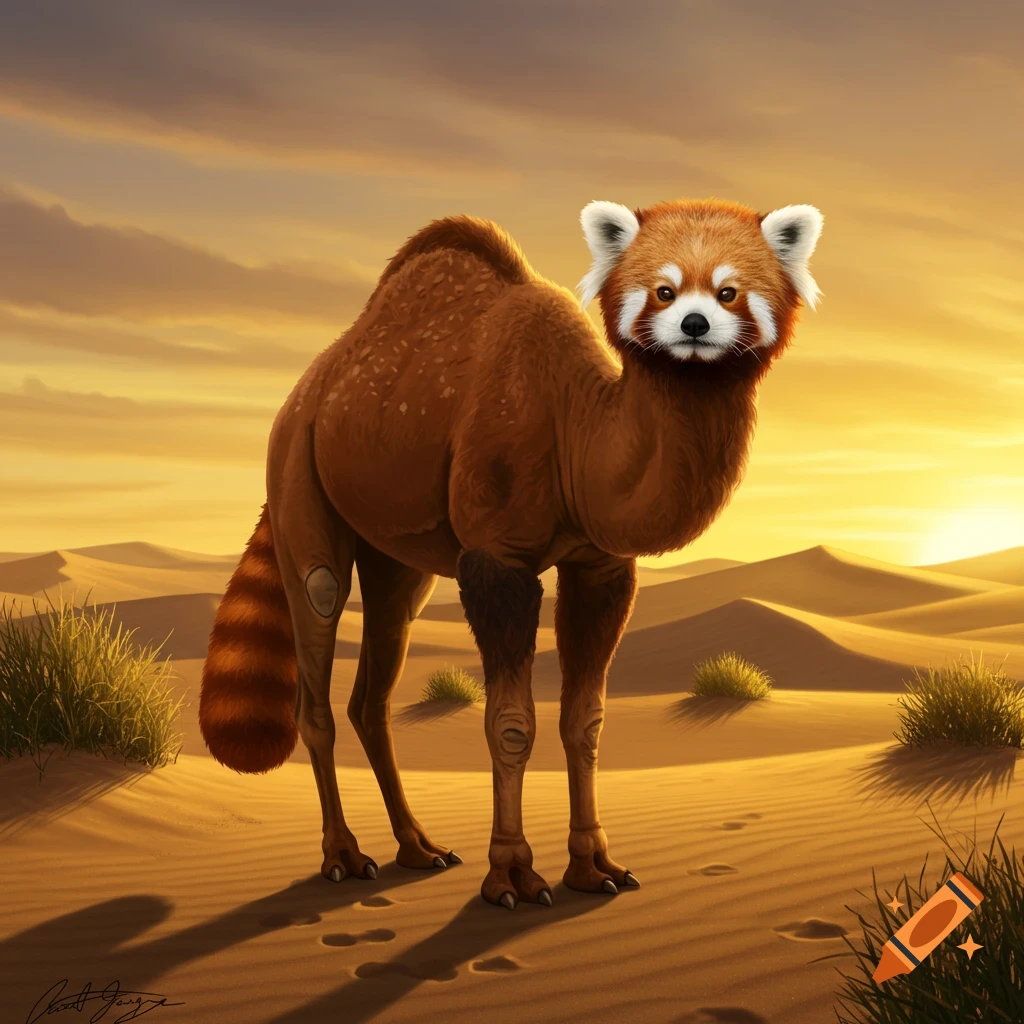 A photorealistic digital painting of a camel-red panda hybrid standing in a desert at sunset.