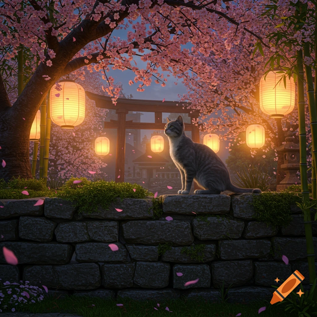 A gray tabby cat sits on a stone wall in a Japanese garden with cherry blossoms and glowing lanterns at twilight.