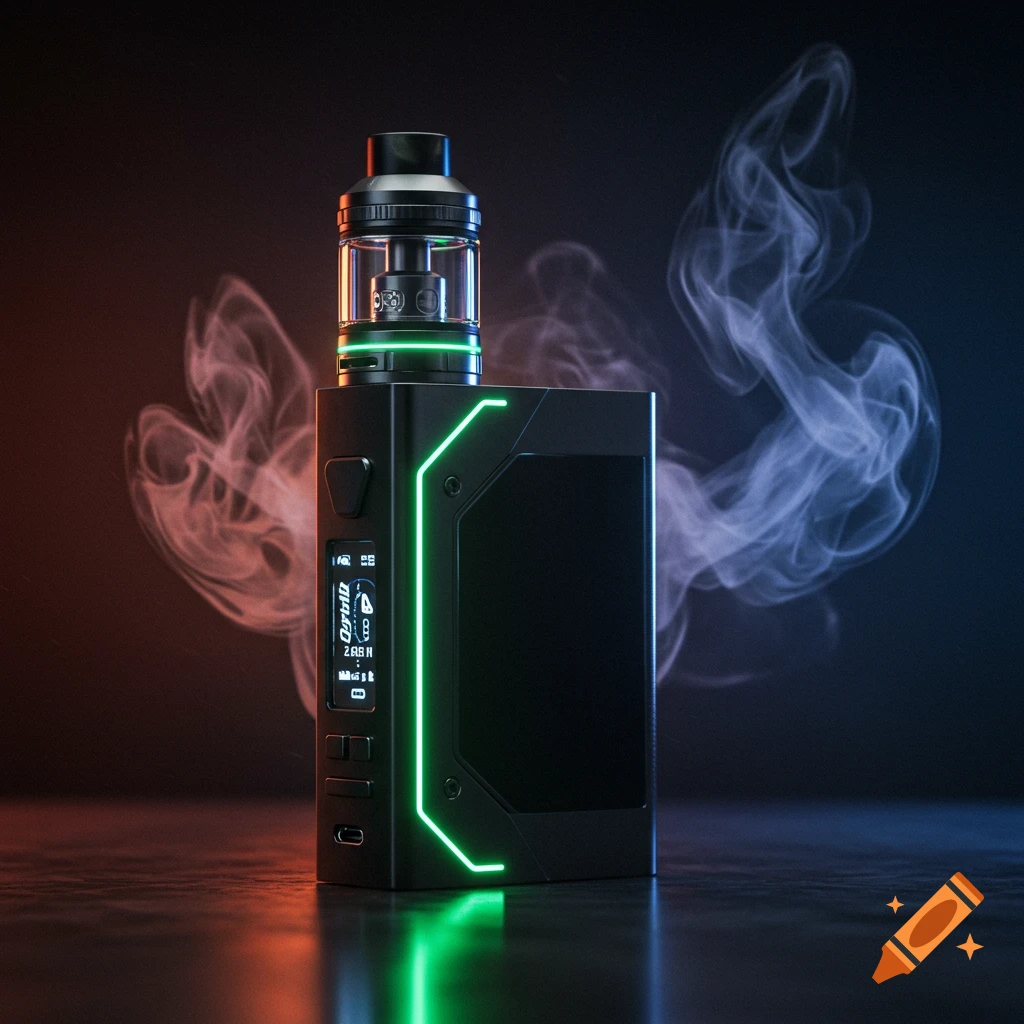 A sleek black vape mod with glowing green LED accents and a transparent tank on a reflective surface, with smoke in the background.