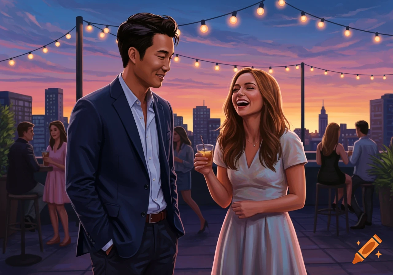 Digital art of a diverse couple laughing at a rooftop party at sunset, city skyline behind them.