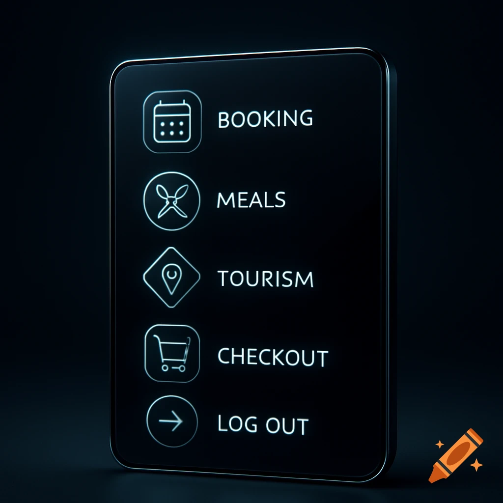 A glowing dark digital screen displays a vertical menu with icons and text for Booking, Meals, Tourism, Checkout, and Log Out.